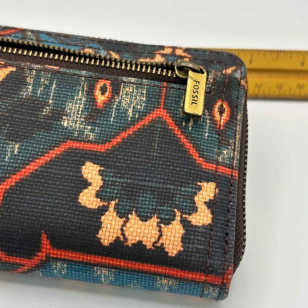 Fossil Logan Zip Around Wristlet Wallet Ikat Geometric Kilim Navy Orange Teal